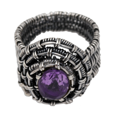 Amethyst cocktail ring, 'Guarded Wire in Purple' - Handmade Amethyst Sterling Silver Cocktail Ring