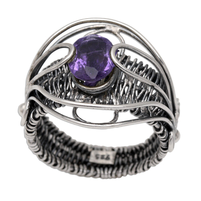 Amethyst cocktail ring, 'Novel Charm in Purple' - Artisan Made Sterling Silver Amethyst Cocktail Ring