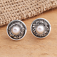 Cultured pearl button earrings, 'Pearl Crinkle' - Sterling Silver Cultured Pearl Button Earrings