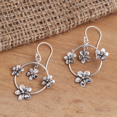 Sterling silver dangle earrings, 'Jepun Orbit' - Plumeria Flower Sterling Silver Dangle Earrings