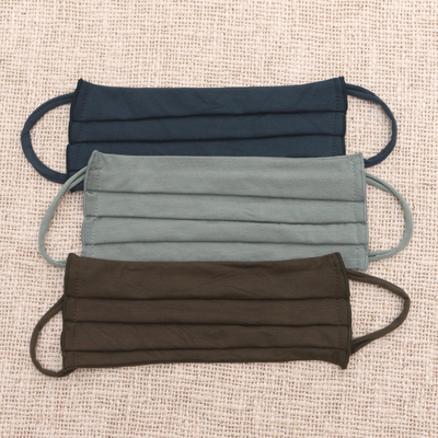 Rayon and Lycra face masks, 'Solid Greens' (set of 3) - 2 Green/1 Grey Pleated Solid Rayon & Lycra Ear Loop Masks