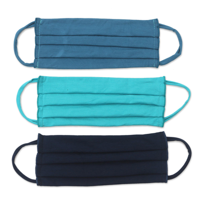 Rayon and Lycra face masks 'Solid Blues' (set of 3) - 2 Blue/1 Turquoise Pleated Solid Rayon/Lycra Ear Loop Masks