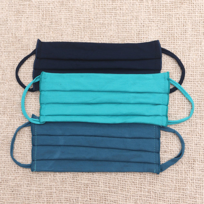 Rayon and Lycra face masks, 'Solid Blues' (set of 3) - 2 Blue/1 Turquoise Pleated Solid Rayon/Lycra Ear Loop Masks