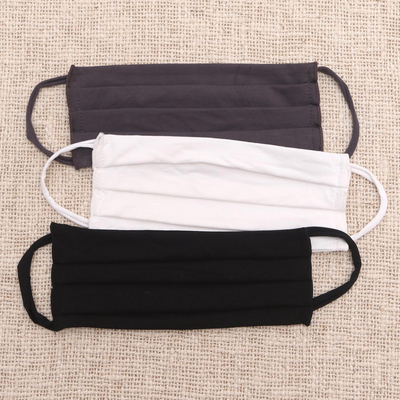 Rayon and Lycra face masks, 'Solid Neutrals' (set of 3) - 1 White/1 Black/1 Grey Pleated Rayon & Lycra Ear Loop Masks