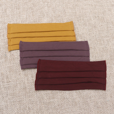Rayon and Lycra face masks, 'Solid Warm Tones' (set of 3) - 1 Yellow/1 Lilac/1 Burgundy Pleated Rayon & Lycra Masks