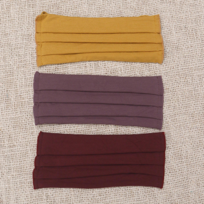 Rayon and Lycra face masks 'Solid Warm Tones' (set of 3) - 1 Yellow/1 Lilac/1 Burgundy Pleated Rayon & Lycra Masks