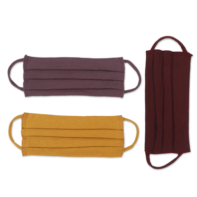 Rayon and Lycra face masks 'Solid Warm Tones' (set of 3) - 1 Yellow/1 Lilac/1 Burgundy Pleated Rayon & Lycra Masks