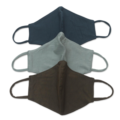 Rayon and Lycra face masks, 'Green and Grey Contours' (set of 3) - 2 Green/1 Grey Solid Rayon & Lycra Contoured Masks