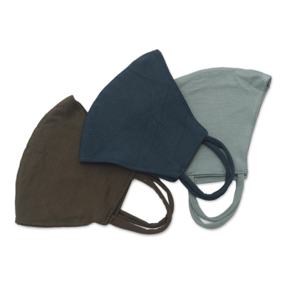Rayon and Lycra face masks, 'Green and Grey Contours' (set of 3) - 2 Green/1 Grey Solid Rayon & Lycra Contoured Masks