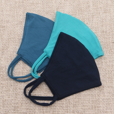 Rayon and Lycra face masks, 'Blue Contours' (set of 3) - 2 Blue/1 Turquoise Solid Rayon & Lycra Contoured Masks
