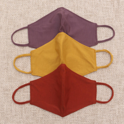 Rayon and Lycra face masks, 'Warm Tone Contours' (set of 3) - 1 Yellow/1 Lilac/1 Burgundy Rayon & Lycra Contoured Masks