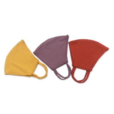 Rayon and Lycra face masks, 'Warm Tone Contours' (set of 3) - 1 Yellow/1 Lilac/1 Burgundy Rayon & Lycra Contoured Masks