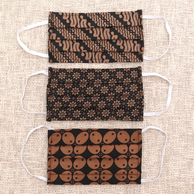 Cotton face masks, 'Bold Black and Honey Brown' (set of 3) - 3 Black and Brown Cotton Pleated 2-Layer Face Masks