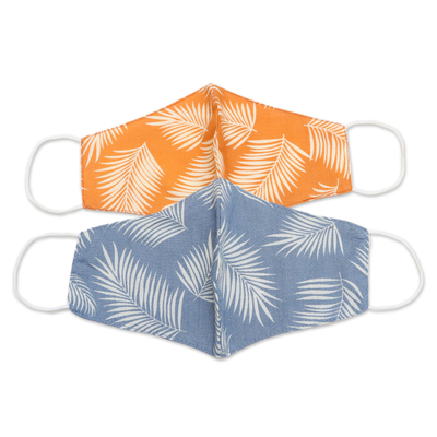Rayon-Gesichtsmasken, (Paar) - 2 Masken Viskose Doppelschicht handgefertigt 1 blau-1 orange 'Tropica'