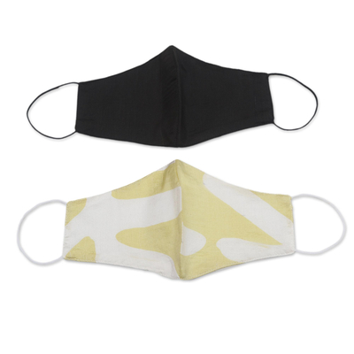Rayon face masks, 'Sunshine and Darkness' (pair) - 2 Double Layer Silk Elastic Loop Face Masks from Bali
