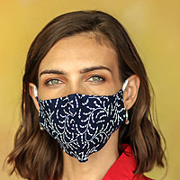 Rayon batik face masks, 'Midnight Ferns' (set of 3) - Midnight Blue Reusable Adult Face Masks (Set of 3)