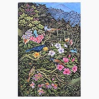 'Island Flora and Fauna' - Pintura original balinesa de bellas artes de pájaros e hibiscos