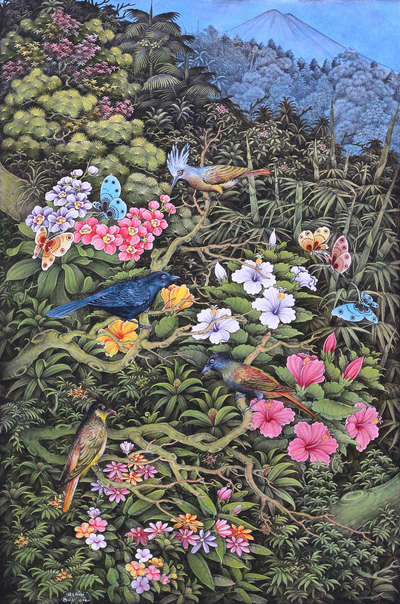 Original Balinese Fine Art Painting of Birds and Hibiscus