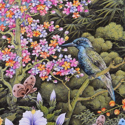 'Two Bird Couples' - Colorful Signed Balinese Art Floral Nature Painting
