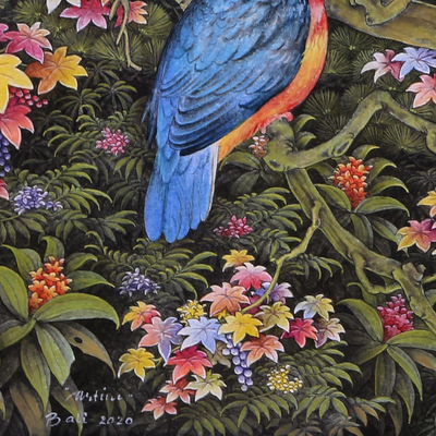 'Two Bird Couples' - colourful Signed Balinese Art Floral Nature Painting