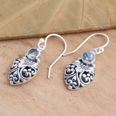 Blue topaz dangle earrings, 'Bali Strawberry in Blue' - Sterling Silver and Blue Topaz Dangle Earrings from Bali