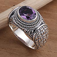 Amethyst signet ring, 'Woven Vines' - Amethyst and Sterling Silver Signet Ring