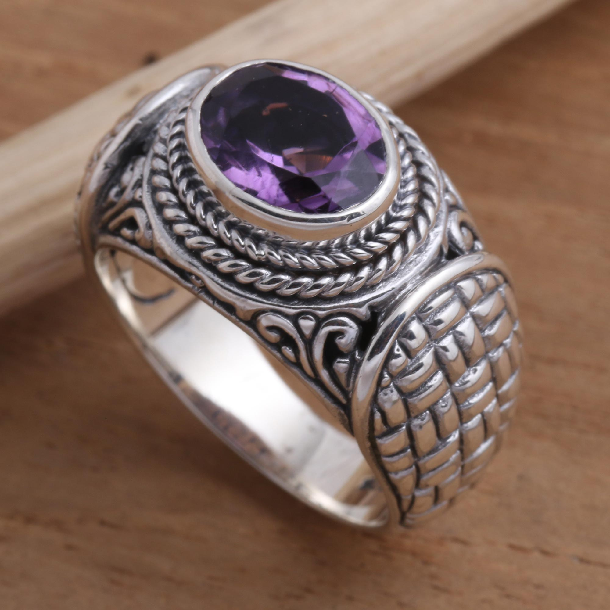 Amethyst and Sterling Silver Signet Ring - Woven Vines | NOVICA