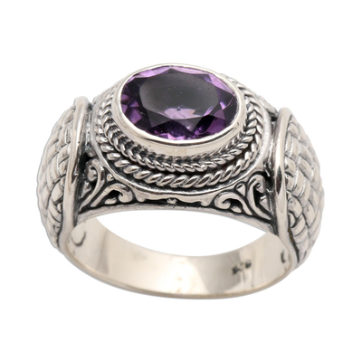 Amethyst signet ring, 'Woven Vines' - Amethyst and Sterling Silver Signet Ring