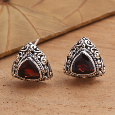 Gold-accented garnet button earrings, 'Pyramid Power in Red' - Triangular Bezel Set Garnet Button Earrings