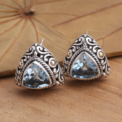 Gold-accented blue topaz button earrings, 'Pyramid Power in Blue' - Triangular Bezel Set Blue Topaz Button Earrings