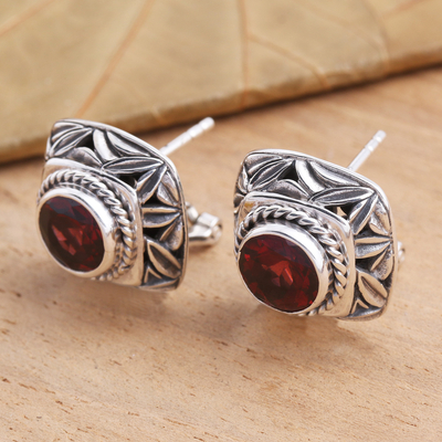 Garnet button earrings, 'Leaves of Bamboo in Red' - Garnet and Sterling Silver Button Earrings Bamboo Leaf Motif