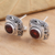 Garnet button earrings, 'Leaves of Bamboo in Red' - Garnet and Sterling Silver Button Earrings Bamboo Leaf Motif (image 2b) thumbail