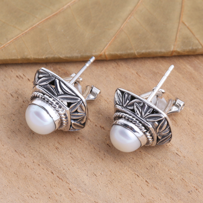 Cultured pearl button earrings, 'Leaves of Bamboo in White' - Cultured Pearl and Sterling Silver Button Earrings