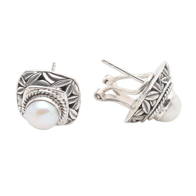 Cultured pearl button earrings, 'Leaves of Bamboo in White' - Cultured Pearl and Sterling Silver Button Earrings
