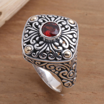 Gold-accented garnet cocktail ring, 'Temple Base' - Garnet and Sterling Silver Cocktail Ring from Bali