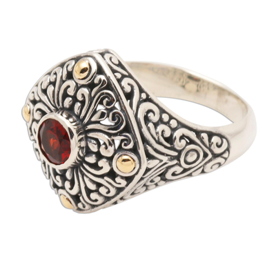 Gold-accented garnet cocktail ring, 'Temple Base' - Garnet and Sterling Silver Cocktail Ring from Bali