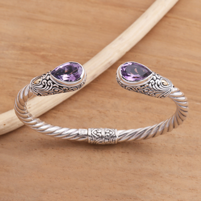 Amethyst cuff bracelet, 'Floral Iridescence in Purple' - Pear-Shaped Amethyst Sterling Silver Cuff Bracelet