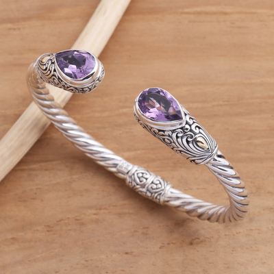 Amethyst cuff bracelet, 'Floral Iridescence in Purple' - Pear-Shaped Amethyst Sterling Silver Cuff Bracelet