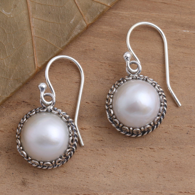 Cultured pearl dangle earrings, 'Shadow in White' - Cultured Pearl Sterling Silver Dangle Earrings
