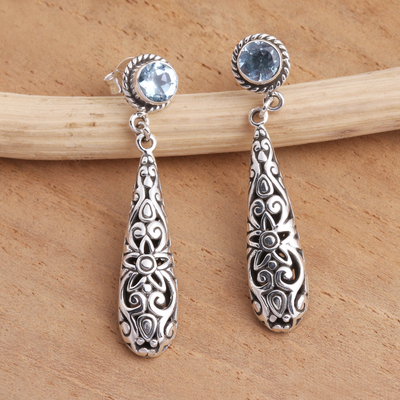 Blue topaz dangle earrings, 'Flower Pendulum' - Balinese Blue Topaz and Sterling Silver Earrings