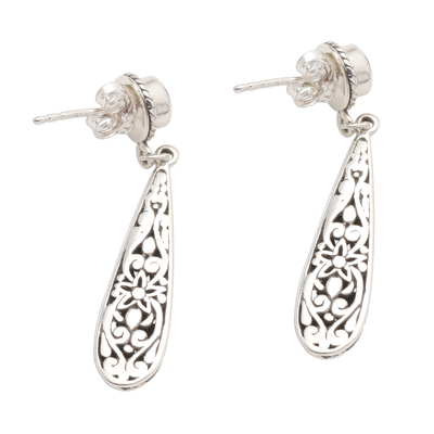 Blue topaz dangle earrings, 'Flower Pendulum' - Balinese Blue Topaz and Sterling Silver Earrings