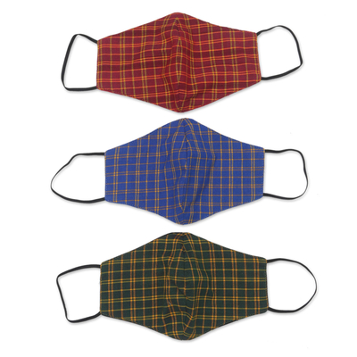 Gesichtsmasken aus Baumwolle, (3er-Set) - Set mit 3 karierten Baumwoll-Gesichtsmasken mit elastischen Ohrschlaufen