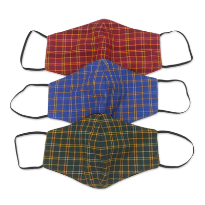 Cotton face masks, 'A Proper Plaid' (set of 3) - Set of 3 Plaid Cotton Face Masks with Elastic Ear Loops