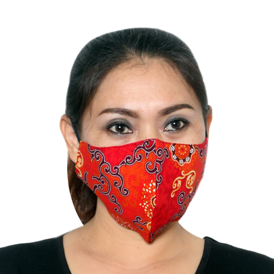 Cotton face masks, 'Bright Beauty' (set of 3) - 1 Red-1 Green-1 Sepia-2-Layer Contoured Cotton Masks