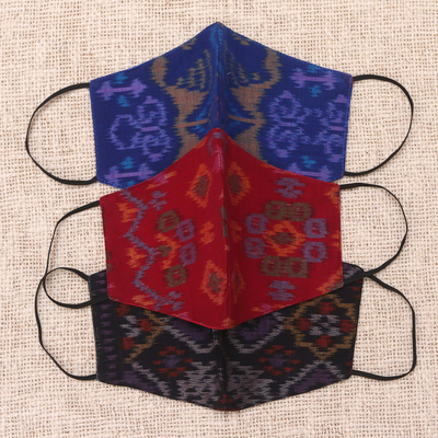 Gesichtsmasken aus Baumwolle, (3er-Set) - 1 Schwarz-1 Burgunderrot-1 Blau-2-lagige konturierte Ikat-Baumwollmaske