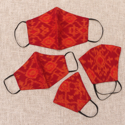 Set familiar de mascarillas de algodón, (set de 4) - 4 máscaras ikat de algodón de 2 capas rojas y naranjas tejidas a mano 2 tamaños