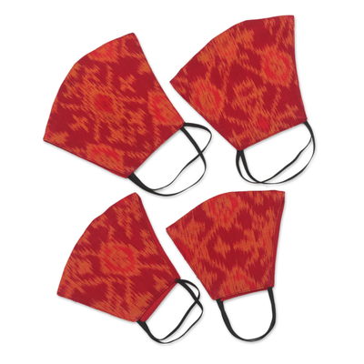 Family set cotton face masks, 'Ikat Radiance' (set of 4) - 4 Handwoven Red & Orange 2-Layer Cotton Ikat Masks 2 Sizes