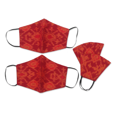 Family set cotton face masks, 'Ikat Radiance' (set of 4) - 4 Handwoven Red & Orange 2-Layer Cotton Ikat Masks 2 Sizes