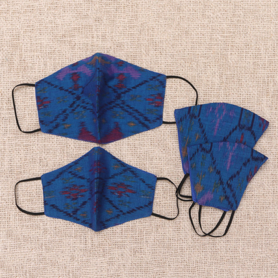 Set familiar de mascarillas de algodón, (set de 4) - 2 máscaras ikat de algodón azul de 2 capas tejidas a mano grandes / 2 pequeñas