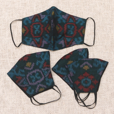 Set familiar de mascarillas de algodón, (set de 4) - 2 adultos/2 niños tejido a mano ikat de algodón de 2 capas negro y azul